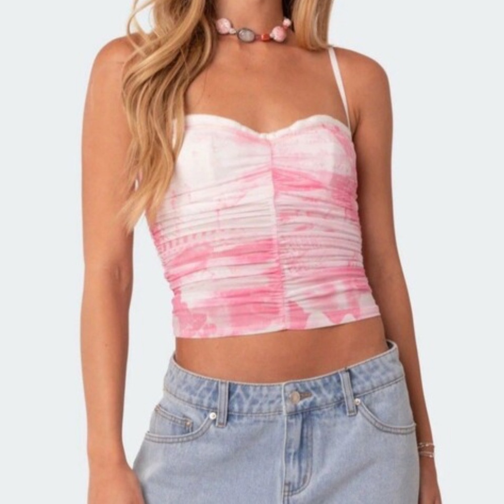 Pink and White Ruched Camisole Top